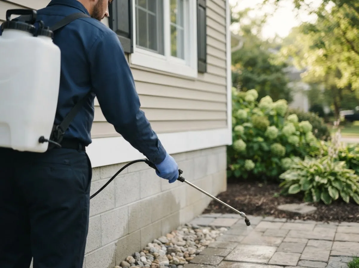 Pest control technician inspecting a home in Bragg City, MO